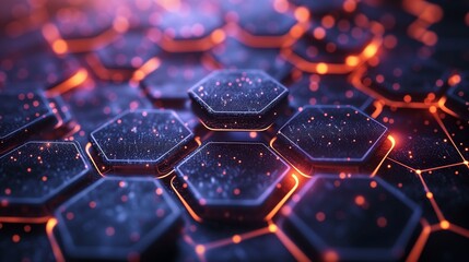 Poster - Abstract Hexagon Pattern With Glowing Orange Lines and Blue Sparkle Dust