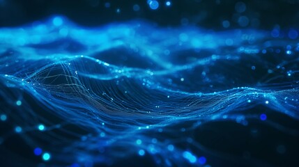 Poster - Abstract Blue Wavy Lines With Glowing Particles