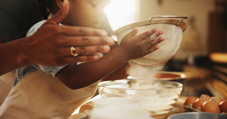 Canvas Print - Education, girl and hands in kitchen for baking, recipe or sifting organic flour at home. Child, development and mother at counter for growth, learning or fun activity for making dough for cookies