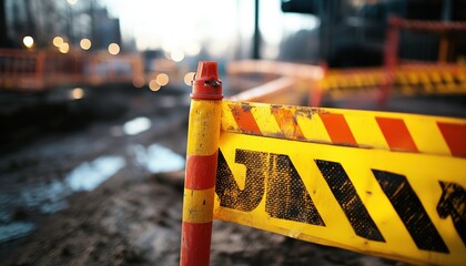 Close-up of a construction barrier, highlighting safety markings and urban surroundings, indicating an active work zone.