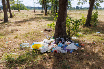 A pile of food waste and other garbage in the forest. There is a lot of trash, plastic bags, food packaging, plastic and glass bottles, etc. scattered on the picnic lawn. Pollution concept.