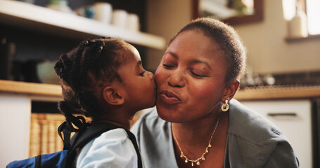 Poster - African woman, child and kiss for school, education, morning and support for childhood development. Mother, daughter and smile with affection, care and love in kitchen or home for bonding as family