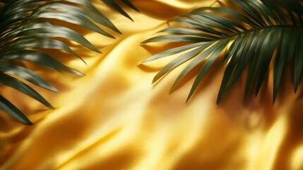 Palm leaves on golden silk fabric, tropical