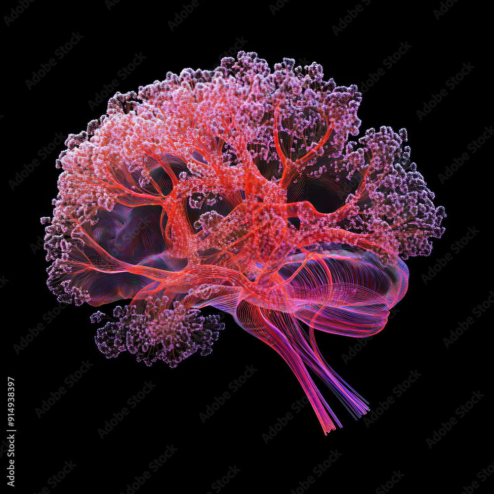 3D rendering of human brain neural pathways derived from MRI scans ...