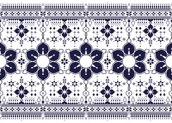 dark blue geometric and floral ethnic fabric seamless pattern on white background, design for cloth,