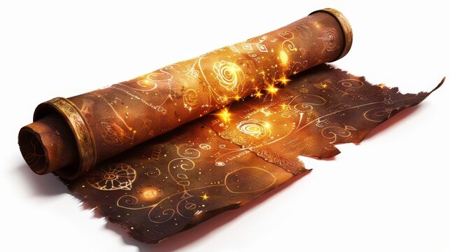 A shimmering spell scroll unfurled with intricate magical symbols and glowing text, set against a white background to emphasize its enchanting and mystical qualities.