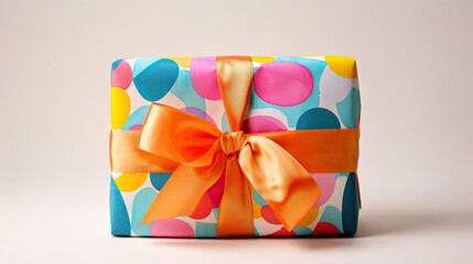 Brightly colored gift wrapped in vibrant paper with playful patterns and a big satin ribbon, set against a white background to highlight its cheerful and eye-catching design.