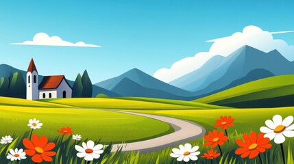 Wall Mural - A charming village scene with flowerfilled meadows and a quaint church, set against gentle hills, radiating peace.