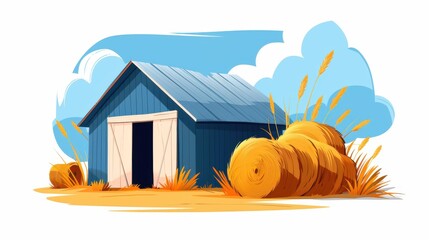 Poster - A chic barn with a sleek metal roof complements bales of hay, blending rustic charm with a modern touch.