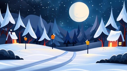 Poster - A cozy winter scene unfolds with snowcovered houses and glowing lanterns, evoking warmth amidst the cold night.