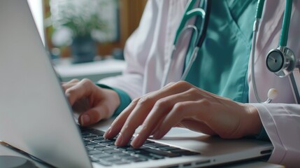 Wall Mural - An isolated image of a doctor with a stethoscope around their neck, typing on a laptop. The professional attire and digital interaction emphasize the use of electronic health records.