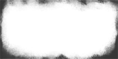 Poster - Halftone background with dotted texture. Vector gradient grunge frame. Noisy comic pattern. Vintage fade black border. Abstract old gritty screentone.