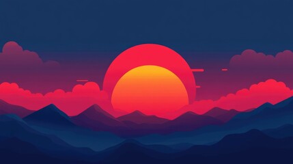 Poster - Vibrant and Warm Sunset Sky Flat Design   Serene and Peaceful Dusk or Dawn Scene with Colorful Gradient Hues and Atmospheric Ambiance