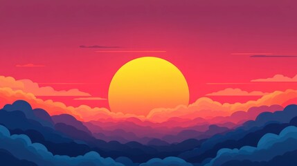 Poster - Vibrant and warm sunset sky with flat design Colorful gradient hues create a beautiful and serene landscape scene with a calming atmospheric feel