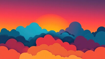 Poster - Stunning sunset sky with vibrant warm color hues and a flat minimalist design style  The serene atmospheric scene features a beautiful gradient of colors across the horizon and skyline