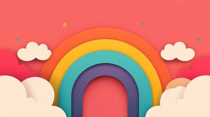 Poster - Vibrant rainbow arc spanning across a bright colorful sky in a flat design The image features a stunning multicolored arc set against a minimalist atmospheric background