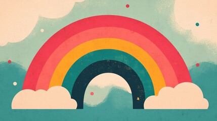 Poster - Vibrant Colorful Rainbow Arc Crossing the Bright Sky in a Flat Design Style  Stunning Atmospheric Landscape with Gradient Colors and Geometric Shapes