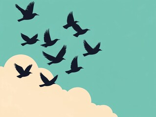 Poster - serene and peaceful sky with a flock of flying birds in a minimalist flat design calming dreamlike a