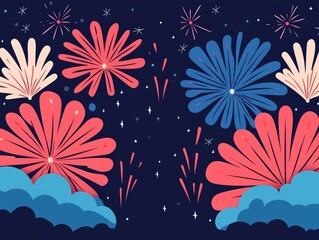 Poster - Captivating Firework Display in the Night Sky with Vibrant Burst Patterns in Flat Design Colorful dynamic