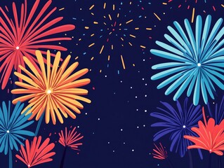Poster - Vibrant and dynamic flat design featuring a celebratory fireworks display with colorful bursts luminous sparks and a dazzling night sky backdrop
