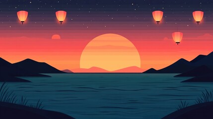 Poster - Peaceful evening sky with glowing floating lanterns creating a tranquil atmospheric and serene ambiance  This flat design image captures a dreamlike spiritual and minimalist landscape