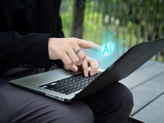 Human person people cheerful pointing finger touch screen ai artificial intelligence notebook computer datum network science innovation business electronic system idea global development industry art