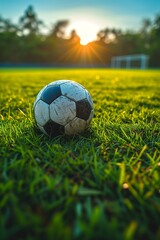 A Soccer Ball Resting on a Grassy Field at Sunset