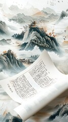 Ethereal Chinese Scroll Unveils Ancient Poets Amidst Misty Mountains: Surreal Felt Artwork Blends Traditional Calligraphy with Dreamy Landscapes. Floating Silk and Golden Hues Create Mesmerizing Macro