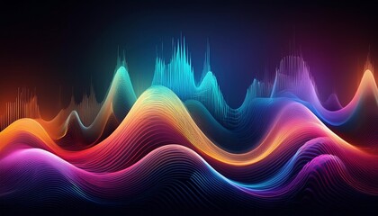 Poster - Vibrant abstract sound wave graphic illustration showcasing colorful wavy patterns in a dark background creating a dynamic visual effect