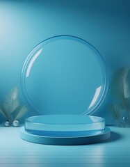 Poster - Modern minimalist display stage with a circular transparent dome in a serene blue setting, ideal for presentations or exhibitions