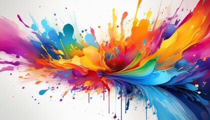 Poster - Vibrant explosion of colors creating an abstract art piece with dynamic splashes and fluid shapes on a white background