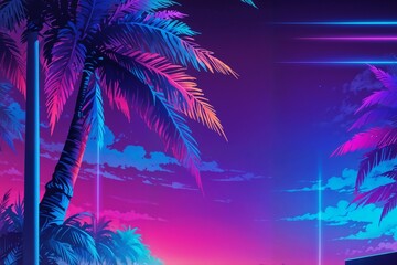 Wall Mural - Neon-lit tropical landscape with palm trees and a colorful sunset, ideal for retro and synthwave-inspired designs.