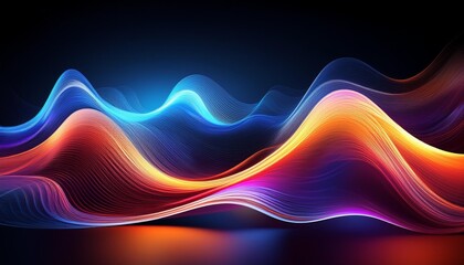 Poster - Abstract wavy lines in vibrant colors such as blue, orange, and purple on a dark background, creating a dynamic visual effect