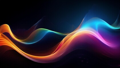 Poster - Vibrant abstract wave patterns of colorful light flowing smoothly against a dark background, creating a dynamic visual impact