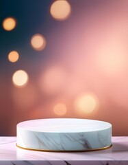 Poster - Elegant circular marble podium with golden edge against a soft bokeh background in warm pastel tones creating a sophisticated display setting