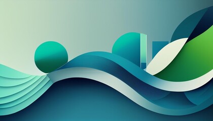 Poster - Abstract composition featuring wave patterns, circles, and geometric shapes in soothing blue and green tones with a soft background