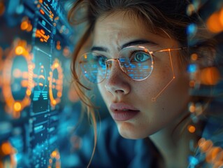 Wall Mural - Woman Looking at Computer Screen with Digital Overlays