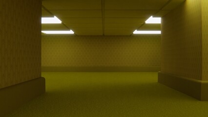 Backrooms empty room liminal spaces abstract hall corridors yellow carpet walls light ceiling floor horror creepy atmosphere back rooms, horror, abstract