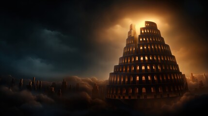 An illustration of the Babylons Tower of Babel story from the Bible with multilingual speech