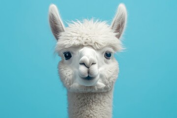 Wall Mural - Funny white alpaca on blue background, ai