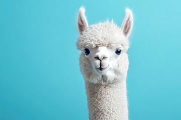 Wall Mural - Funny white alpaca on blue background, ai