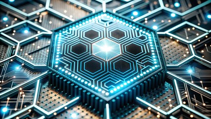 Poster - Futuristic Blue Digital Circuit with Hexagonal Pattern and Glowing Nodes