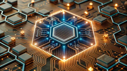Poster - Futuristic Blue Digital Circuit with Hexagonal Pattern and Glowing Nodes