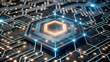 Poster - Futuristic Blue Digital Circuit with Hexagonal Pattern and Glowing Nodes