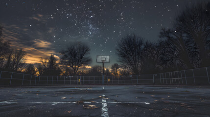 Wall Mural - A basketball court with a hoop and a few trees in the background