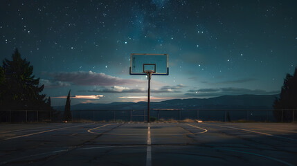 Wall Mural - A basketball court with a hoop and a few trees in the background