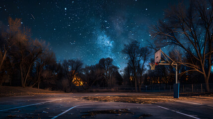 Wall Mural - A basketball court with a hoop and a few trees in the background