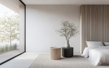 Wall Mural - Modern interior design composition in a living room with minimalist furniture, cream wall panels and natural window lighting. Property interiors with copyspace.