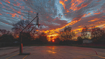 Wall Mural - A basketball court with a sunset in the background