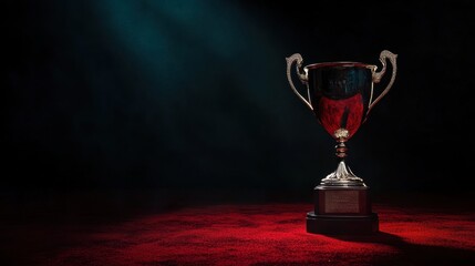 Glowing Champion: Championship Cup Illuminated in Spotlight on Red Velvet Surface with Dark Background